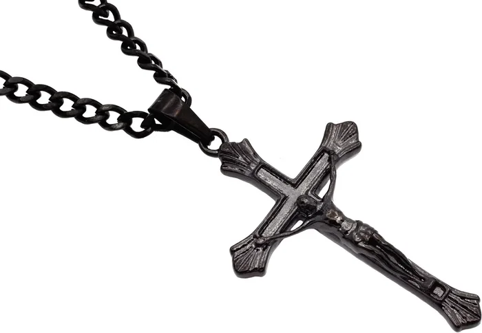 Mens Black Stainless Steel Crucifix Cross Pendant With 24″ Curb Chain