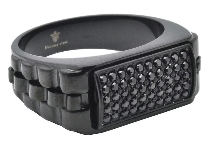 Mens Black Stainless Steel Signet Ring With Black Cubic Zirconia