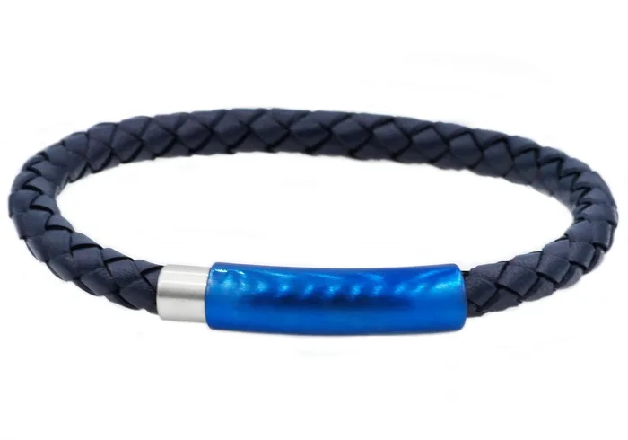 Mens Blue Leather And Blue Stainless Steel Bracelet