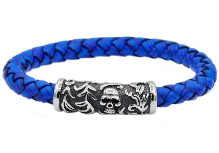 Mens Blue Leather And Stainless Steel Skull Bracelet