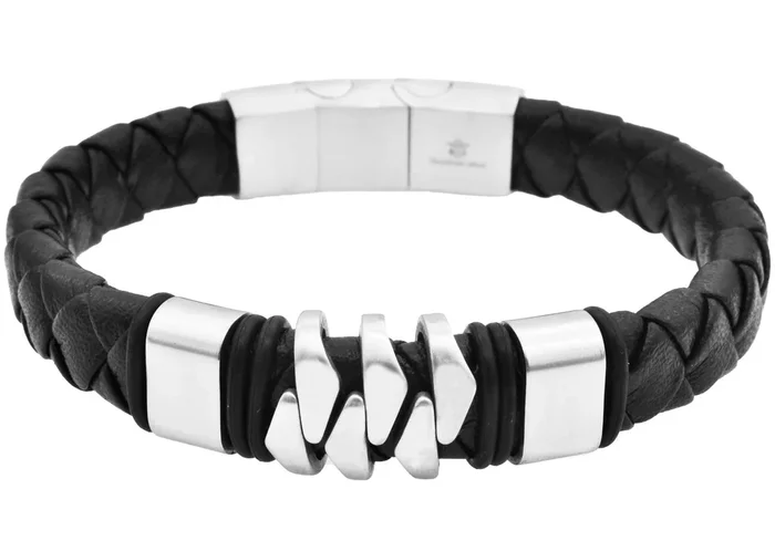 Mens Genuine Black Leather Stainless Steel Bracelet
