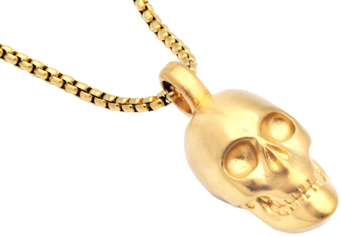 Mens Gold Plated Stainless Steel Skull Pendant Necklace With 24″ Box Chain