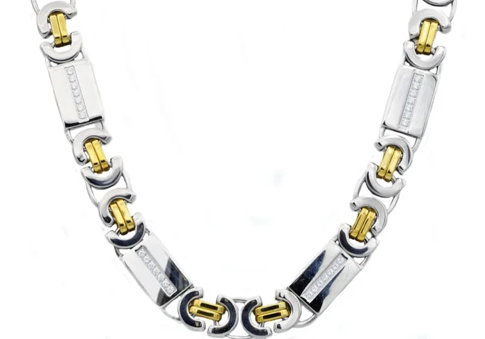 Mens Gold Stainless Steel Flat Byzantine Link Chain Necklace With Cubic Zirconia