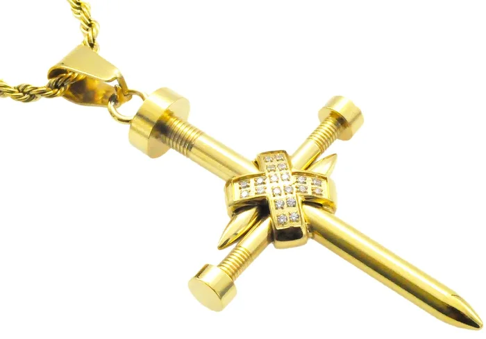 Mens Gold Stainless Steel Nail Cross Pendant With Cubic Zirconia and 24″ Rope Chain