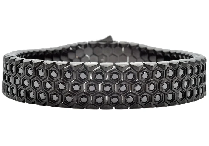 Mens Honey Comb Texture Black Plated Stainless Steel Bracelet with Cubic Zirconia