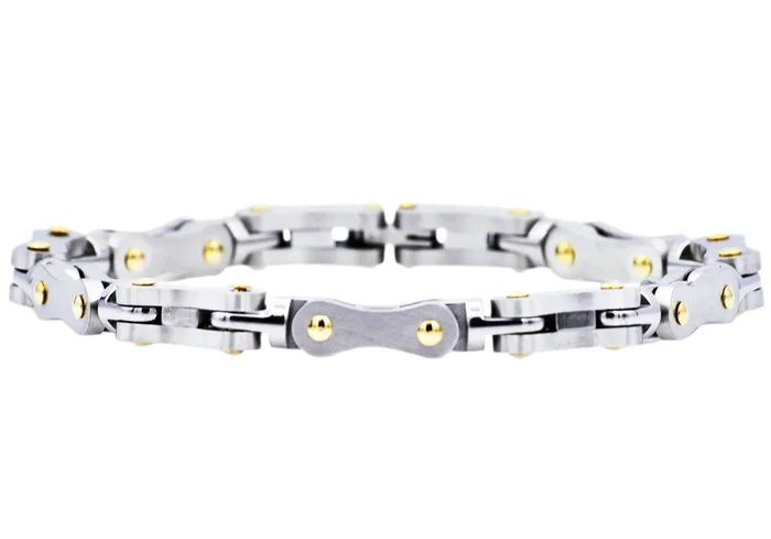 Mens Matte Stainless Steel Modern Link Chain Bracelet With 18k Gold Plated Screws