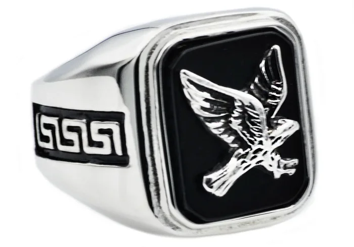 Mens Onyx And Stainless Steel Eagle Ring