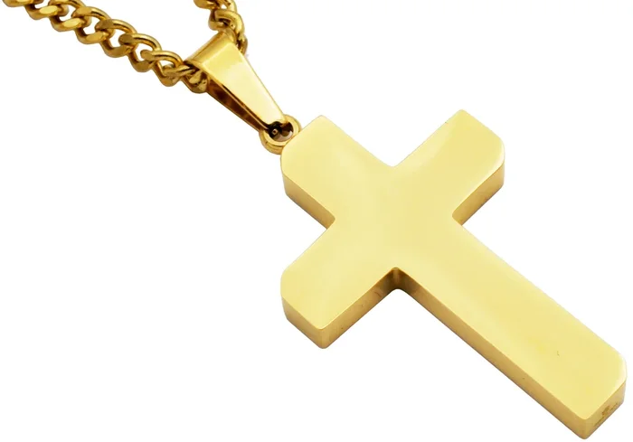 Mens Polished and Brushed Finished Gold Stainless Steel Cross Pendant With 24″ Gold Curb Chain