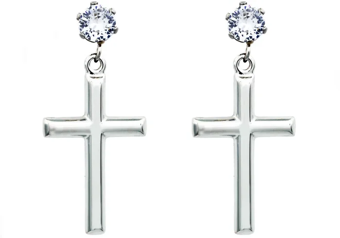 Mens Polished Stainless Steel Cross Earrings with Cubic Zirconia