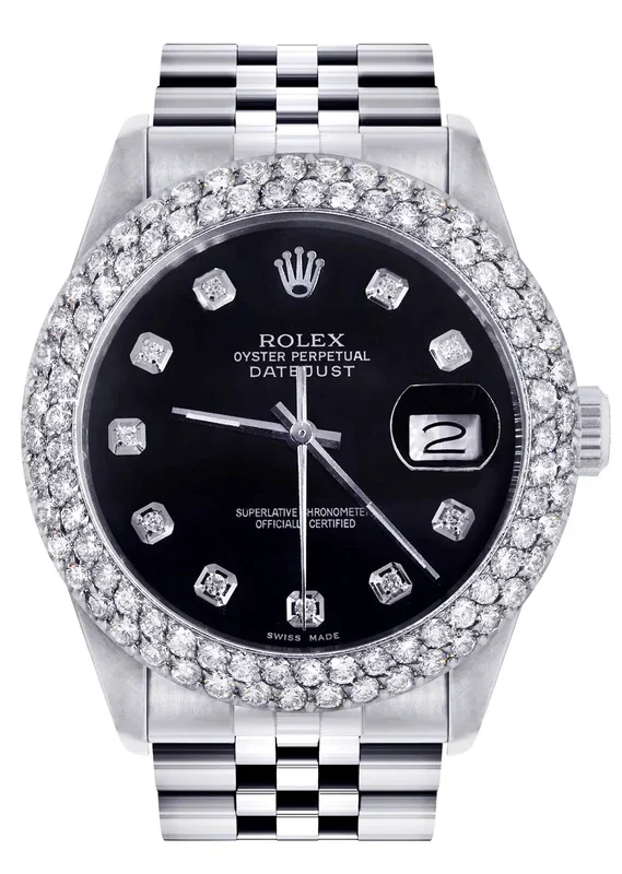 Mens Rolex Datejust Watch 16200 | 36Mm | Black Dial | Two Row 4.25 Carat Bezel | Jubilee Band
