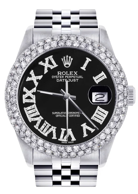 Mens Rolex Datejust Watch 16200 | 36Mm | Black Roman Numeral Dial | Two Row 4.25 Carat Bezel | Jubilee Band