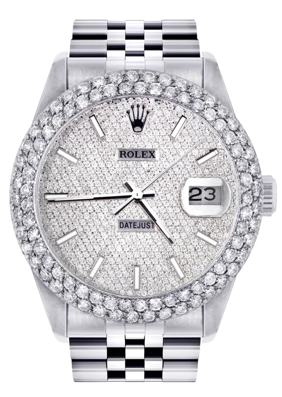 Mens Rolex Datejust Watch 16200 | 36Mm | Full Diamond Dial | Two Row 4.25 Carat Bezel | Jubilee Band