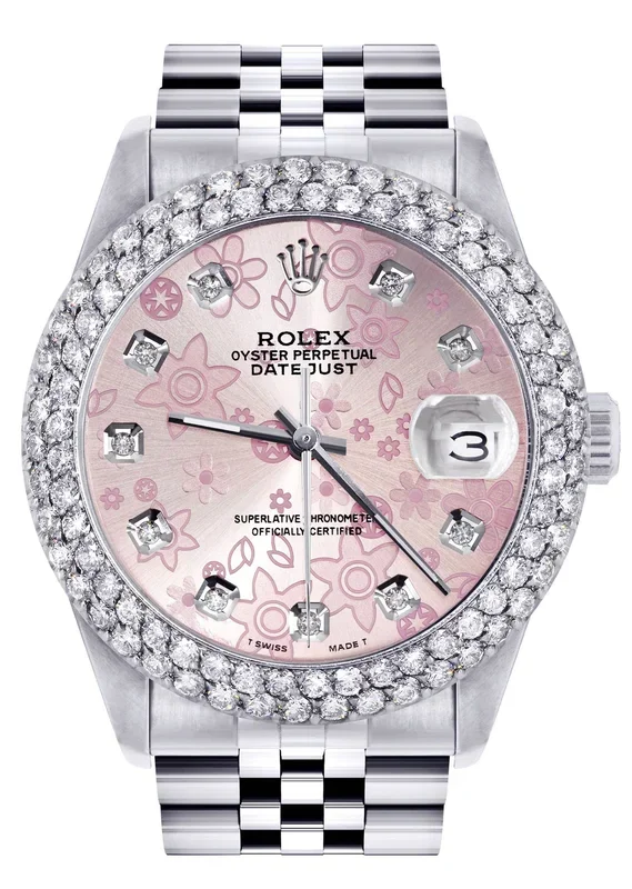 Mens Rolex Datejust Watch 16200 | 36Mm | Pink Flower Dial | Two Row 4.25 Carat Bezel | Jubilee Band