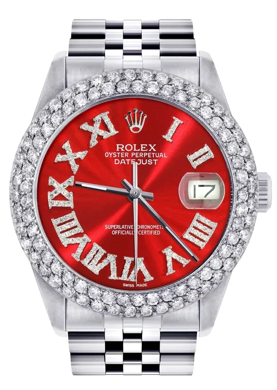 Mens Rolex Datejust Watch 16200 | 36Mm | Red Roman Numeral Dial | Two Row 4.25 Carat Bezel | Jubilee Band