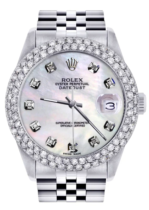 Mens Rolex Datejust Watch 16200 | 36Mm | White Mother of Pearl Dial | Two Row 4.25 Carat Bezel | Jubilee Band