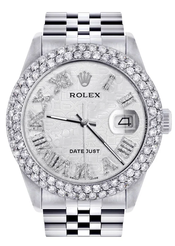 Mens Rolex Datejust Watch 16200 | 36Mm | White Texture Roman Numeral Dial | Two Row 4.25 Carat Bezel | Jubilee Band