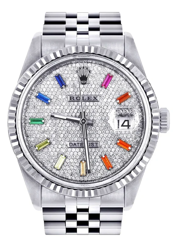 Mens Rolex Datejust Watch 16200 | Fluted Bezel | 36Mm | Color Baguettes Diamond Dial | Fluted Bezel | Jubilee Band
