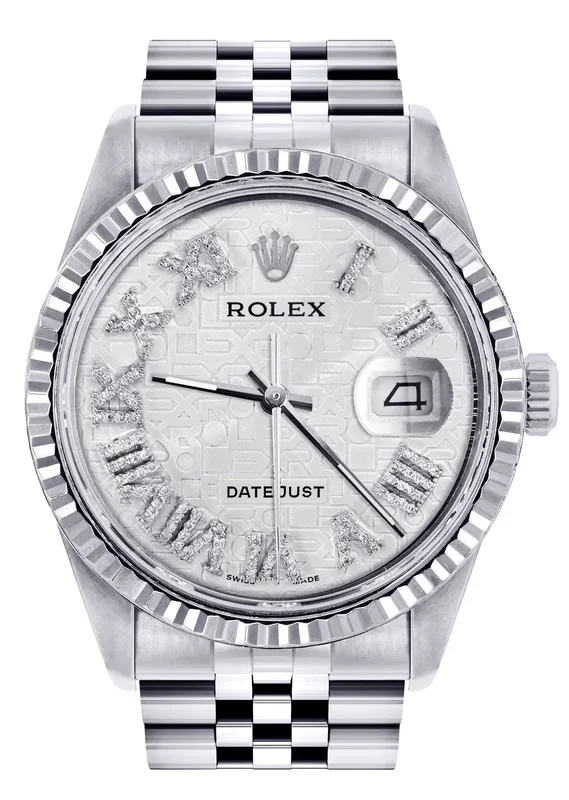 Mens Rolex Datejust Watch 16200 | Fluted Bezel | 36Mm | White Textured Roman Numeral Dial | Jubilee Band