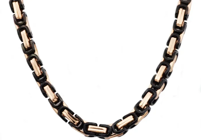 Mens Rose And Black Stainless Steel Byzantine Link Chain Necklace