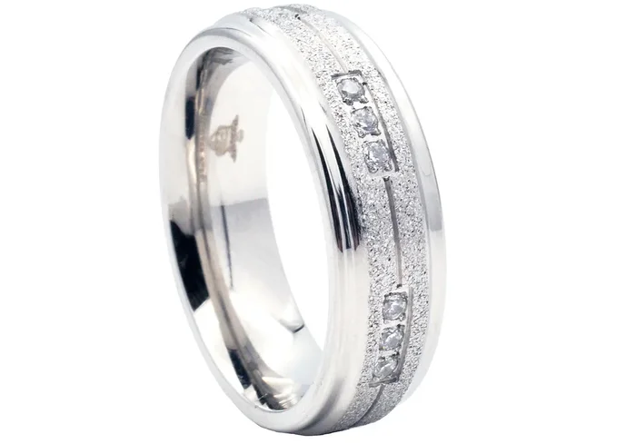 Mens Sandblasted Stainless Steel Band With Cubic Zirconia