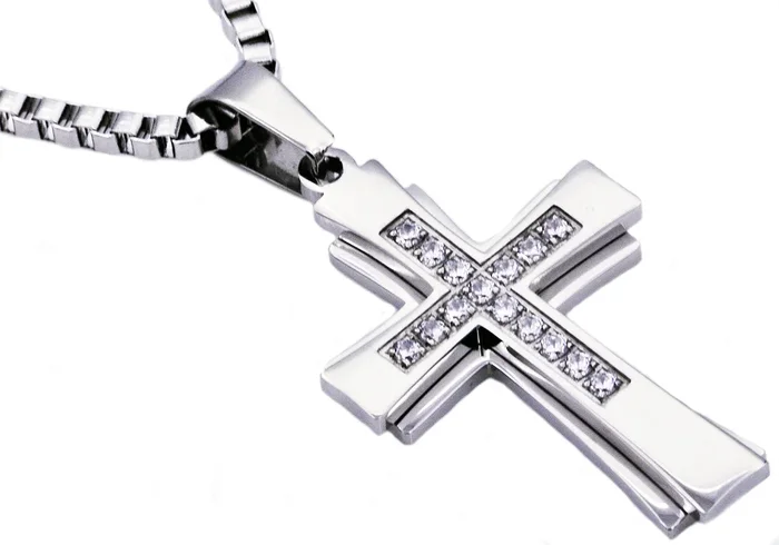 Mens Stainless Steel Cross Pendant Necklace With Cubic Zirconia