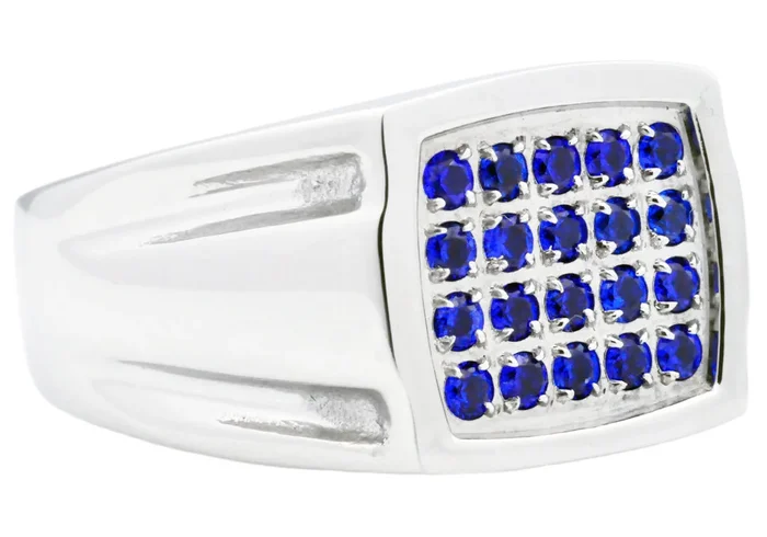 Mens Stainless Steel Ring With Blue Cubic Zirconia