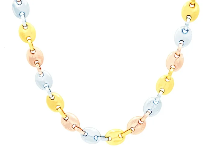Mens Tri Color Stainless Steel Puff Mariner Link Chain Necklace