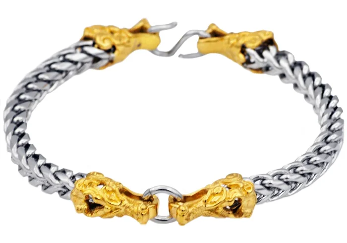 Mens Two Tone Gold Stainless Steel Franco Link Chain Dragon Bracelet