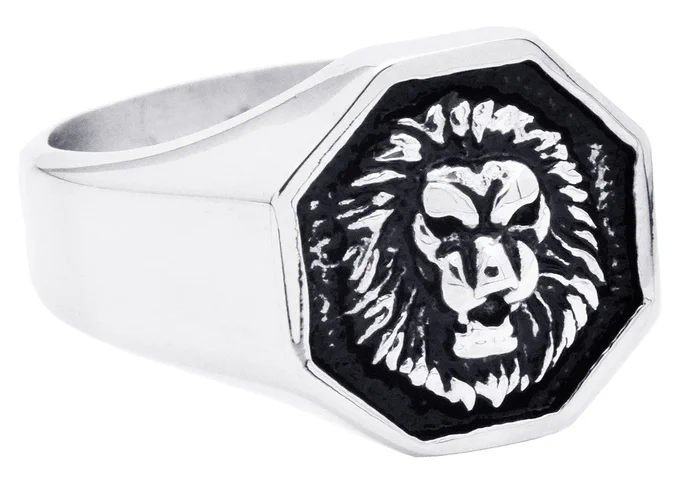 Mens Two-Toned Black Stainless Steel Lion Ring
