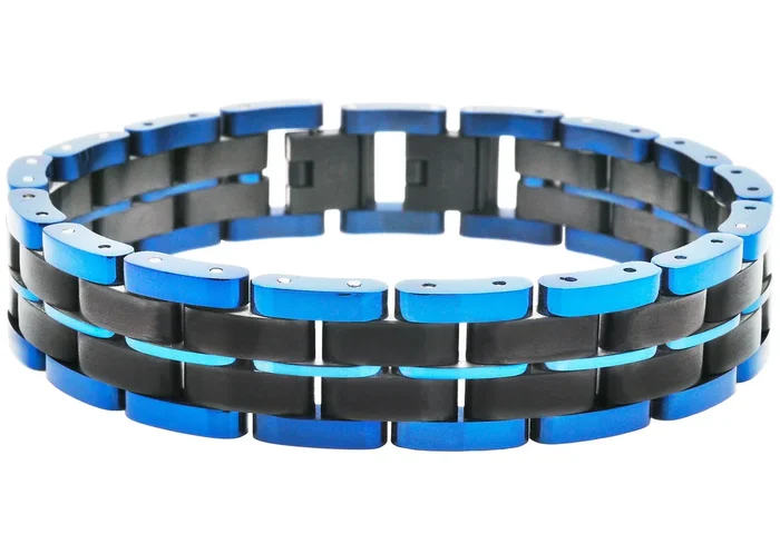 Mens Two Toned Blue and Black Stainless Steel Bracelet