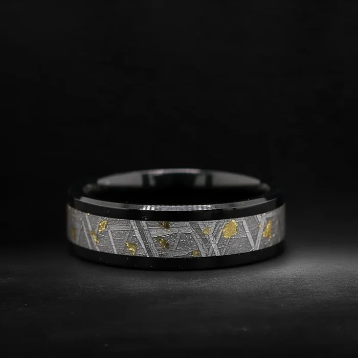 Meteor Bound – Asteroid Wedding Band for men | Tungsten | Muonionalusta Meteorite & Gold foil Ring for him