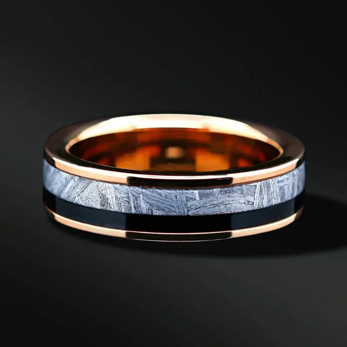 Meteorite Wedding Bands | Rose gold plated Tungsten Ring for Women | Muonionalusta Meteorite Wedding Bands for Him & Her