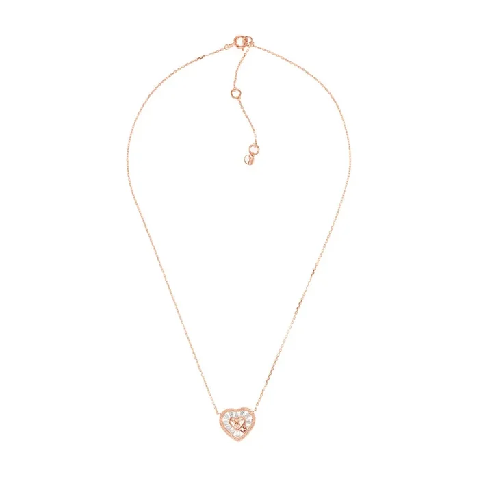 Michael Kors Rose Gold Plated Sterling Silver Premium Tapered Baguette CZ Heart Pendant With Chain