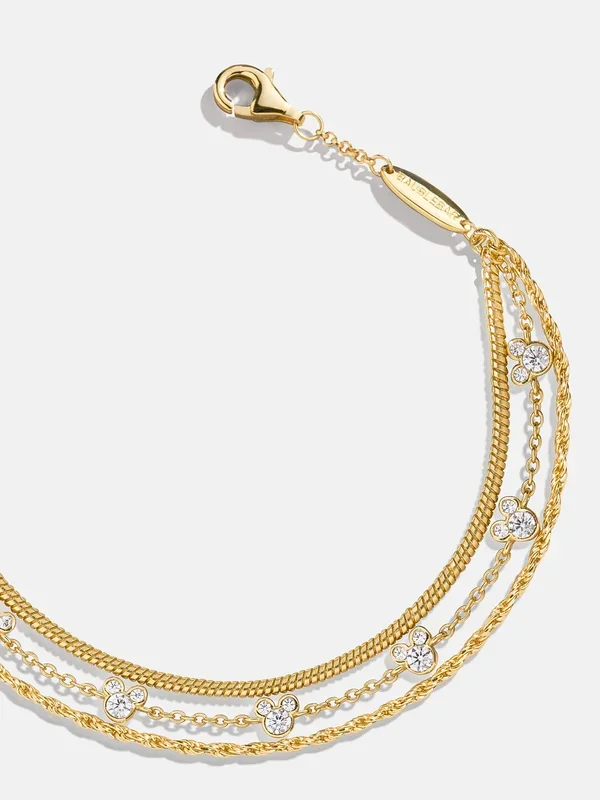 Mickey Mouse Disney 18K Gold Plated Sterling Silver Layered Bracelet – Gold/Pavé
