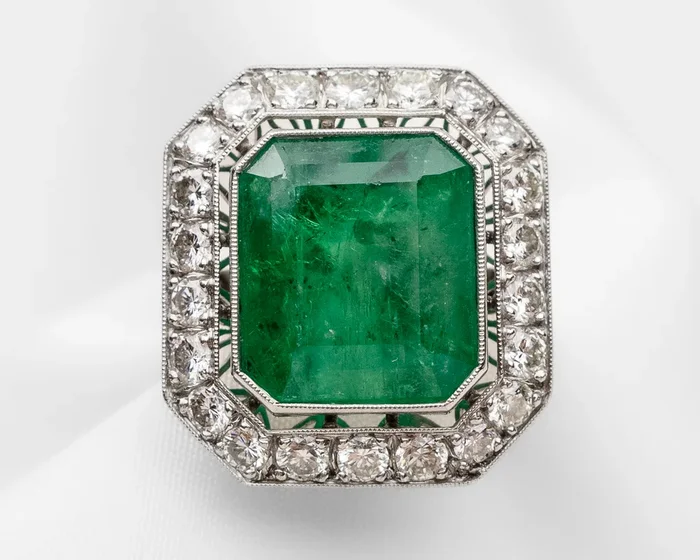 Midcentury Emerald Diamond Halo Ring