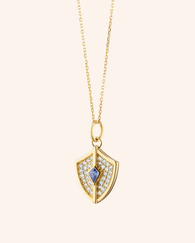 Mini “Fearless” Shield Necklace with Diamonds and Blue Sapphire