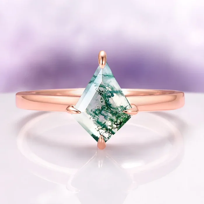 Minimalist Kite Cut Green Moss Agate Engagement Ring in 14K Solid Rose Gold