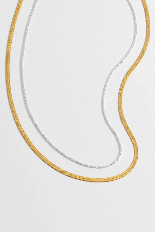 Mixed Metal Herringbone Chain Double Necklace