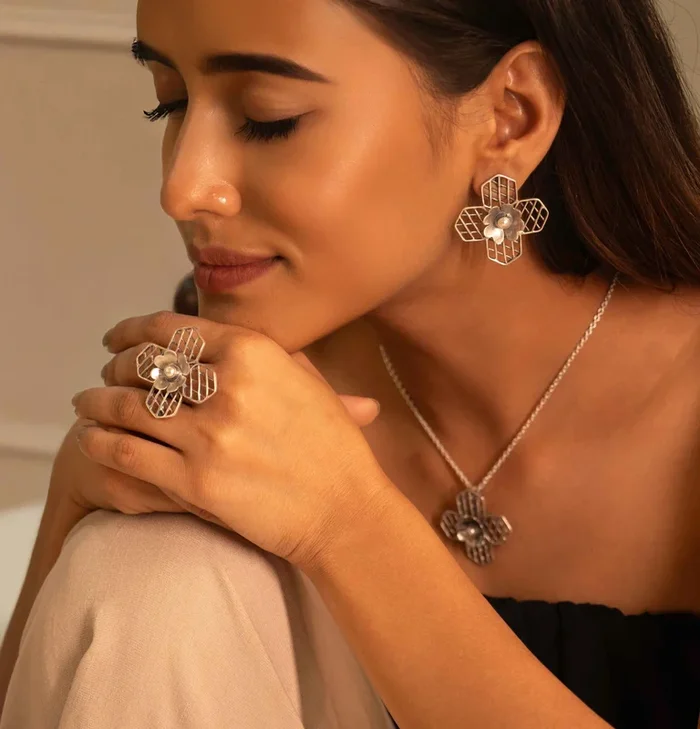 Mizoya Embossed Flower Jali Necklace Earring Ring set