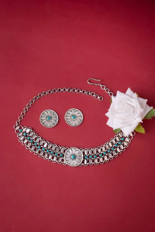 Mizoya Flower Motif Turquoise Jadau Choker Set