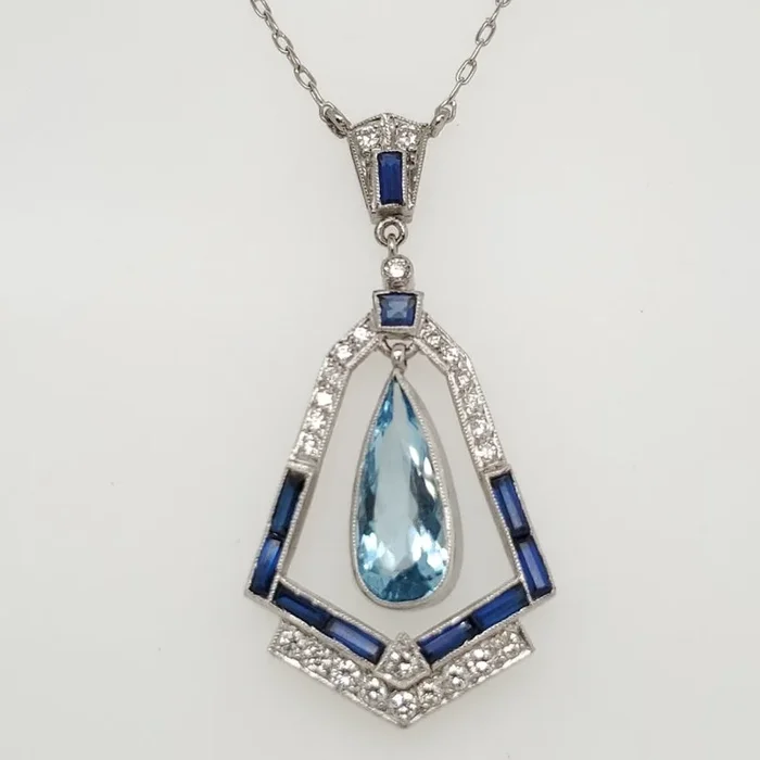 Modern Art Deco Style Platinum Aquamarine Sapphire and Diamond Necklace