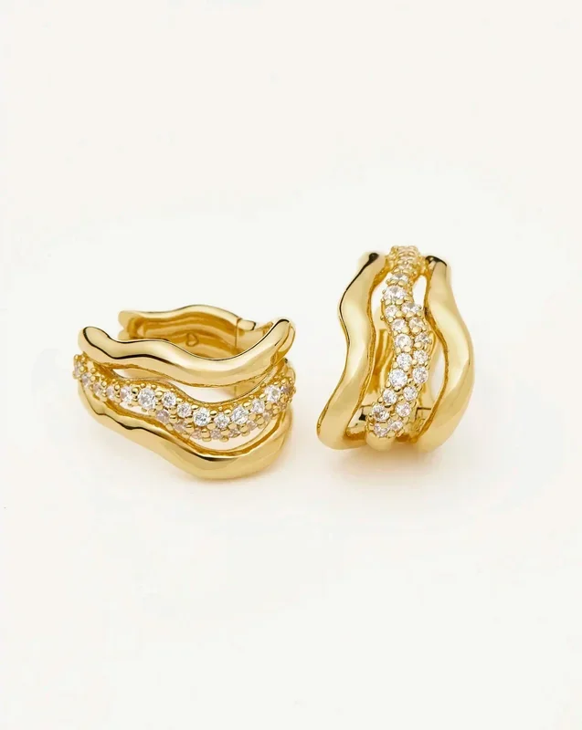Molten Snow Triple Small Hoop Earrings | 18ct Gold Plated/Cubic Zirconia