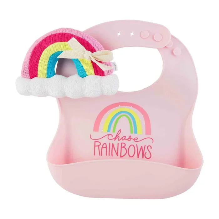 Mud Pie Bee & Rainbow Bib & Rattle Set – Pink