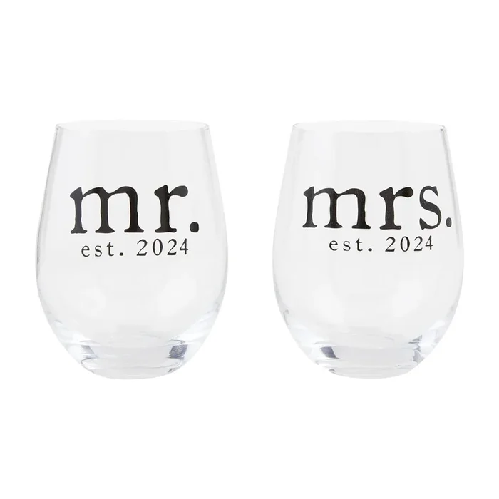 Mud Pie Mr. & Mrs. Est. 2024 Wine Glass Set