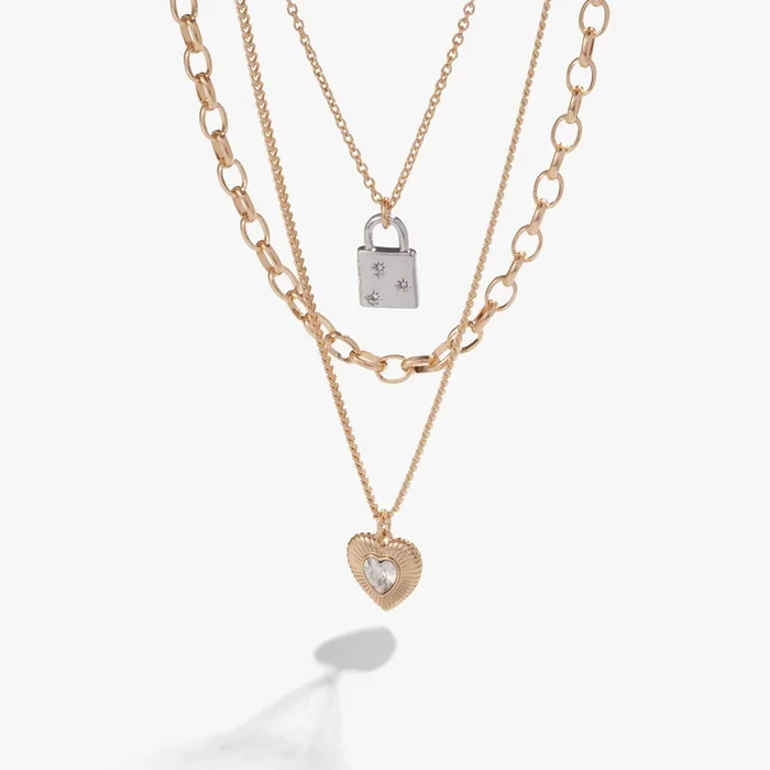 Multi-Chain Heart + Lock Necklace