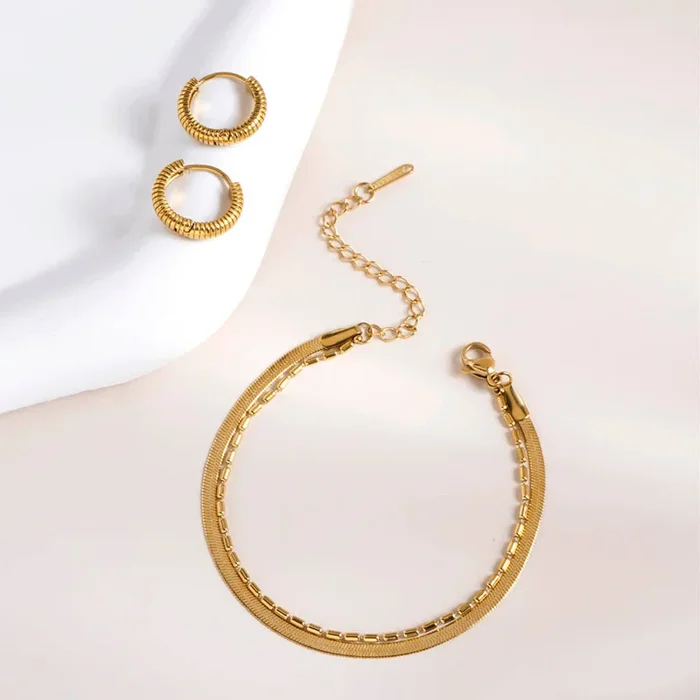 Multi-layered Beaded Bracelet & Classic Textured Hoops Combo Set