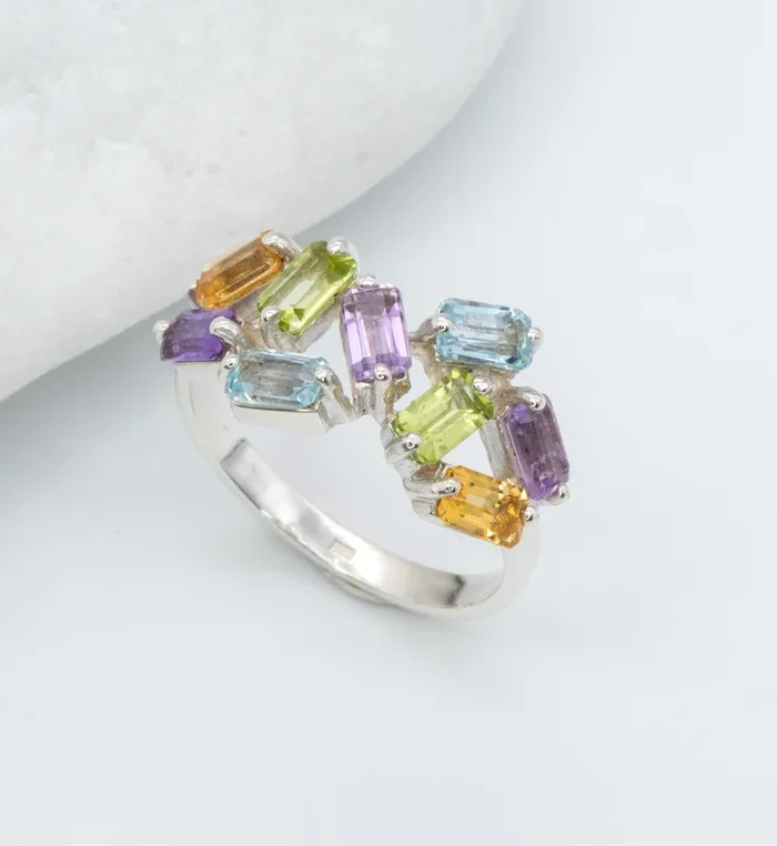 Multi Stone Baguette Ring, Colorful Birthstone Ring, Rainbow Birthstone Ring
