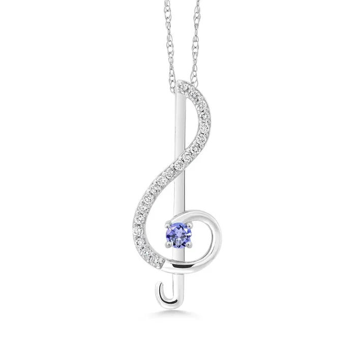 Music Treble Clef Pendant Necklace for Women | 10K White Gold | 3MM Round Blue Tanzanite and White Lab Grown Diamond | By Keren Hanan | 0.30 Cttw | With 18 Inch Gold Chain