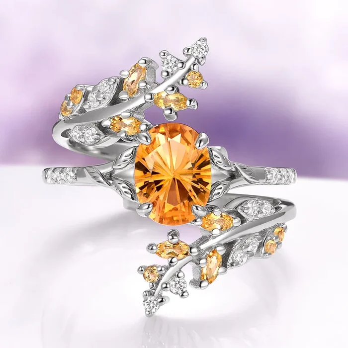 Natural Fireworks Cut Citrine Engagement Ring Set in 14K White Gold