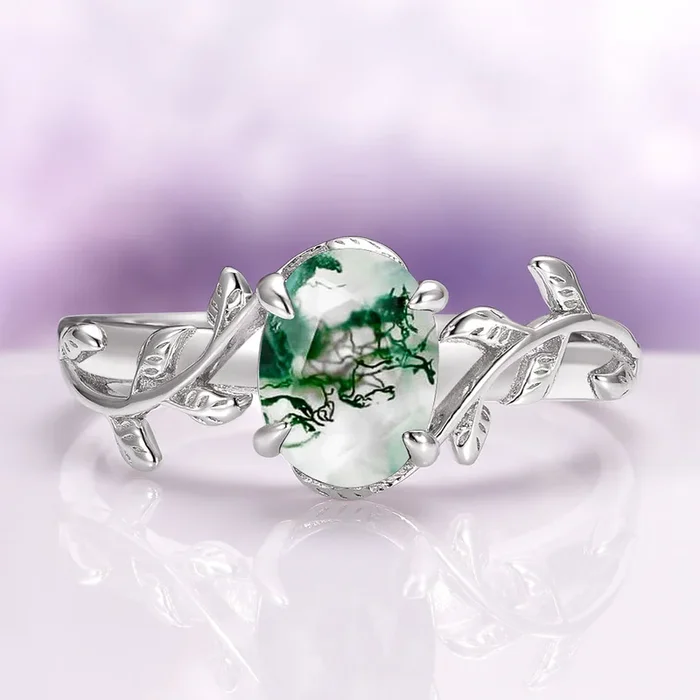 Natural Green Moss Agate Leaf Engagement Ring in 14K White Gold
